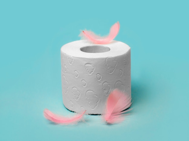 A roll of soft toilet paper on a blue background and delicate pink feathers