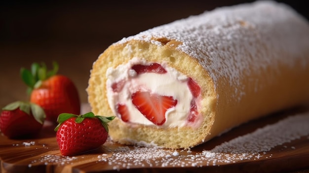 A roll of strawberry cream cake with strawberries on a wooden board