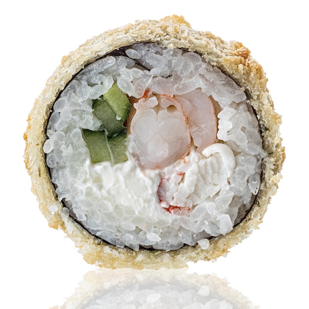 Roll Sushi isolated on white background. Close up view with reflection.