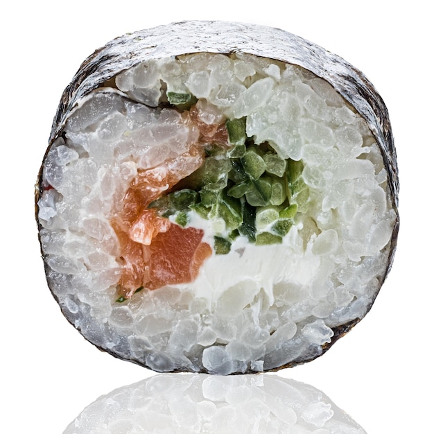 Roll Sushi isolated on white background. Close up view with reflection.