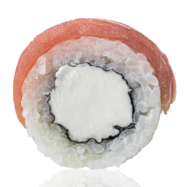 Roll Sushi isolated on white background. Close up view with reflection.