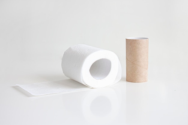 Roll of toilet paper and empty toilet roll Isolated image