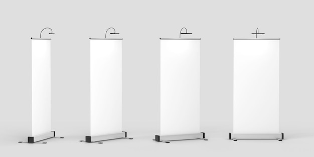 異なる角度でバナー モックアップをロールアップ ビュー 3 d レンダリング 展示会やビジネス プレゼンテーションの現実的なセット空白垂直スタンド背景に分離された白い看板広告表示