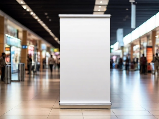 Roll up mockup poster stand in a shopping center or mall environment as a wide banner design