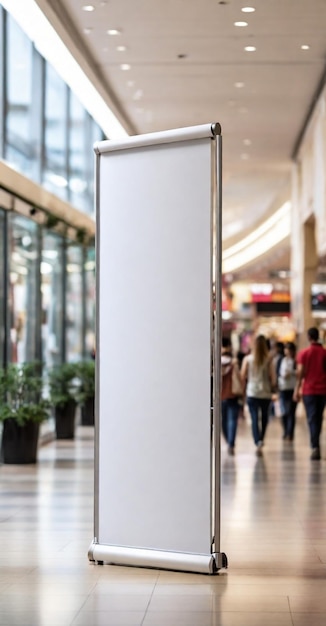 Roll up mockup poster stand in a shopping center or mall environment as a wide banner design