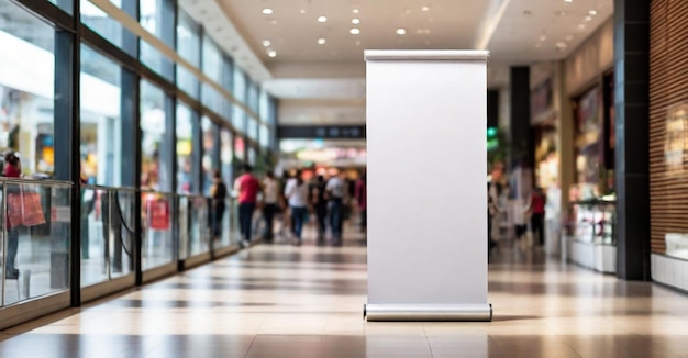 Roll up mockup poster stand in a shopping center or mall environment as a wide banner design