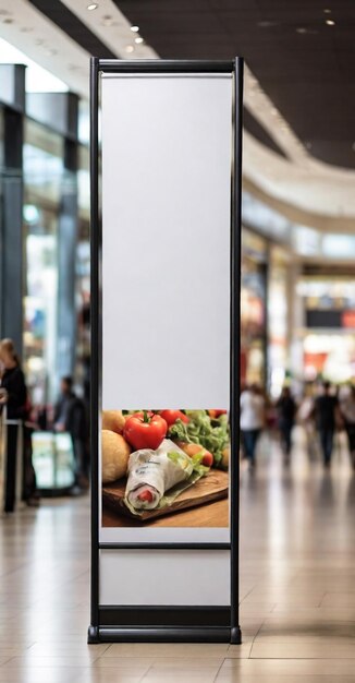 Photo roll up mockup poster stand in a shopping center or mall environment as a wide banner design