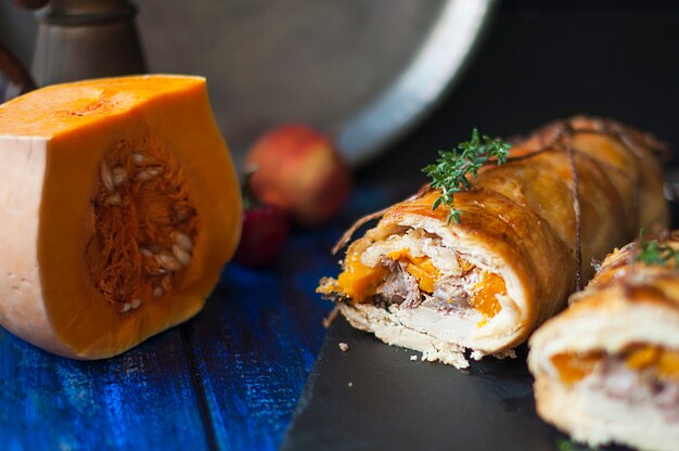 Roll with pumpkin baked. Delicious healthy lunch in autumn.