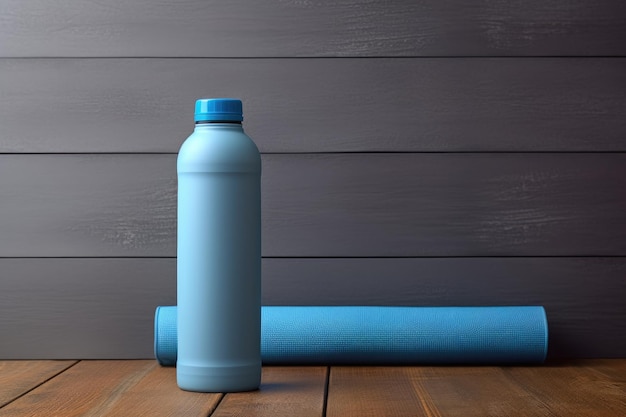 Rolled blue yoga mat and blue water bottle on wooden background