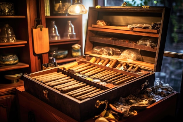 Rolled cigars aging in a traditional wooden humidor created with generative ai