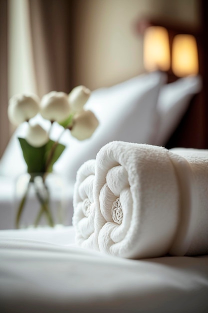 Rolled clean fresh cotton white towels indoors in a hotel Generative AI