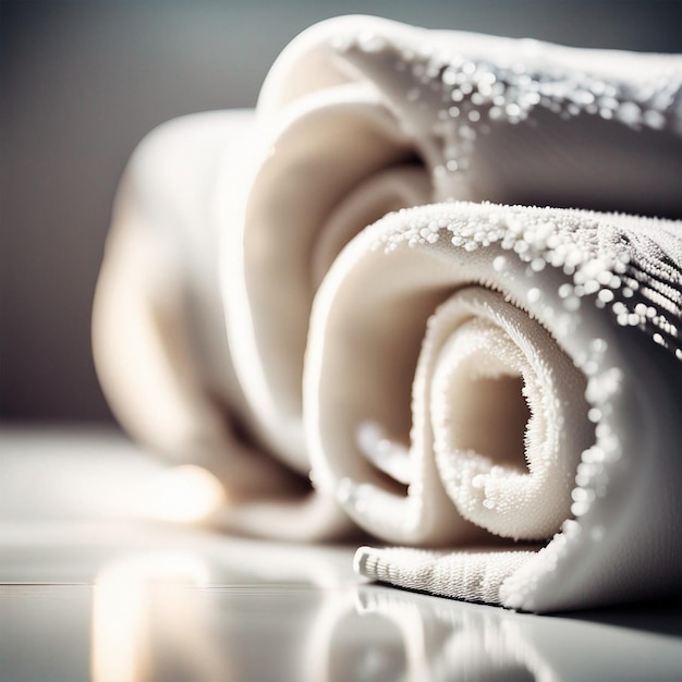 Rolled clean terry towels on white background