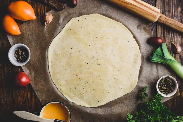 Rolled dough for galette with different ingredients