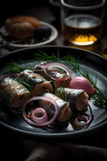 Rolled herring in vinegar served with onions and pickles