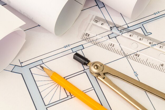 Rolled house diagrams and accessories for drawing lying