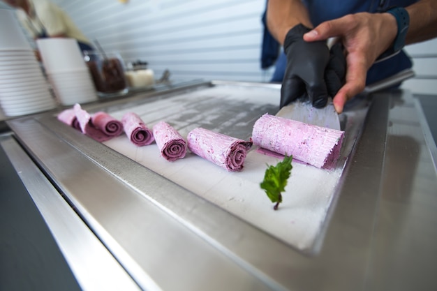 Rolled ice cream, hand made ice cream dessert