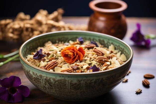 Rolled oats nuts and dried fruits for a healthy breakfast bowl