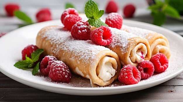 Photo rolled pancakes filled with cottage cheese