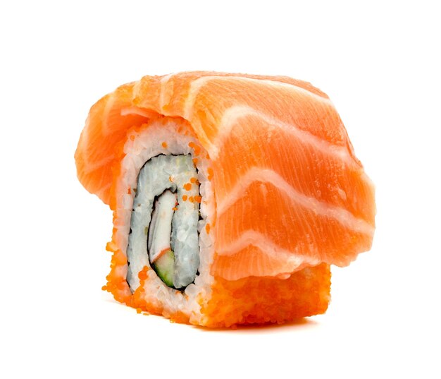 rolled sushi salmon nigiri isolated on white background Japanese food