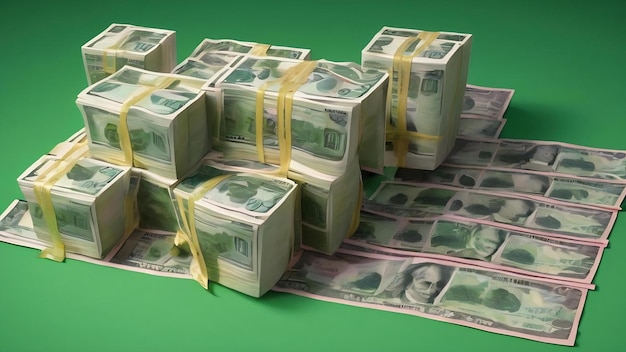 Rolled up banknotes isolated on green background