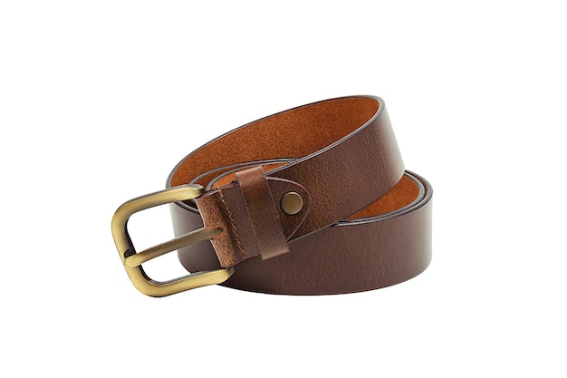 A rolled-up brown leather belt with a metal buckle isolated