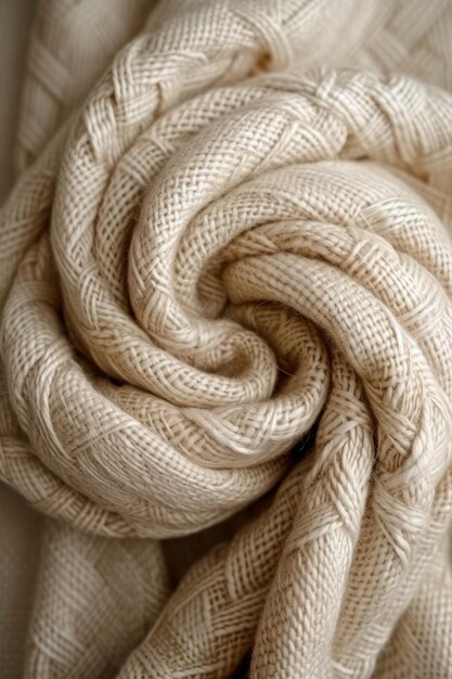 Rolled up creamcolored knitted fabric with a cable pattern