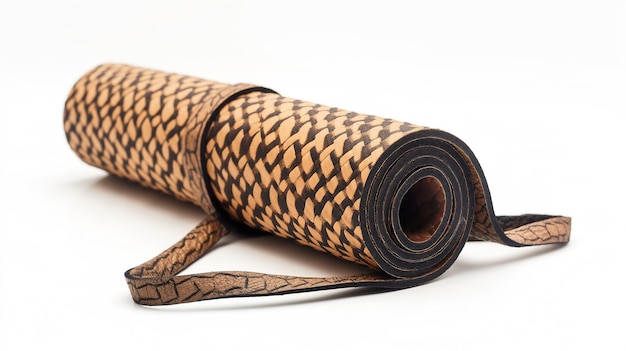 Rolled yoga mat with a textured brown pattern on a white background ready for exercise
