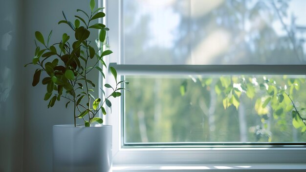 Roller blinds close-up op het raam Een kamerplant is in de buurt van de witte kleur venster schaduw Generatieve AI