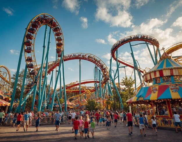 a roller coaster with people walking around it and a large crowd of people walking in the background