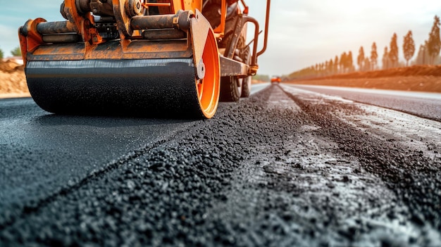 写真 新しい道路で新鮮な熱いアスファルトをローラーで転がす 道路工事