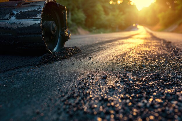 Roller rolling vers heet asfalt op de nieuwe weg Wegenbouw