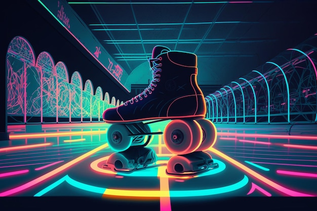 A roller skate with neon lights on it