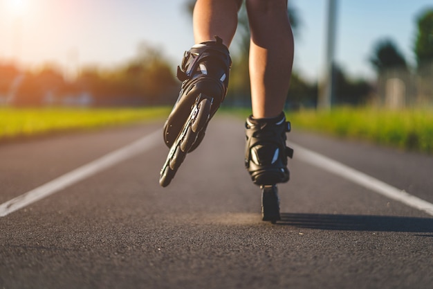 Roller skates during inline skating outdoors. Active lifestyle. Rollerblading