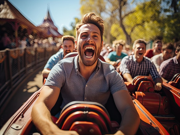 Rollercoaster in amuzement park with happy people