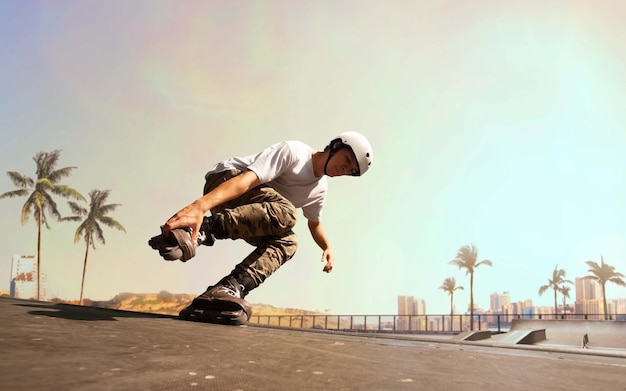 Rollerskater man is performing tricks