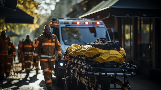 Rolling the ambulance stretcher is a paramedic