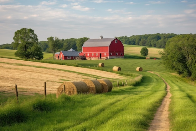 Photo rolling farmland with red barn horses and hay bales created with generative ai