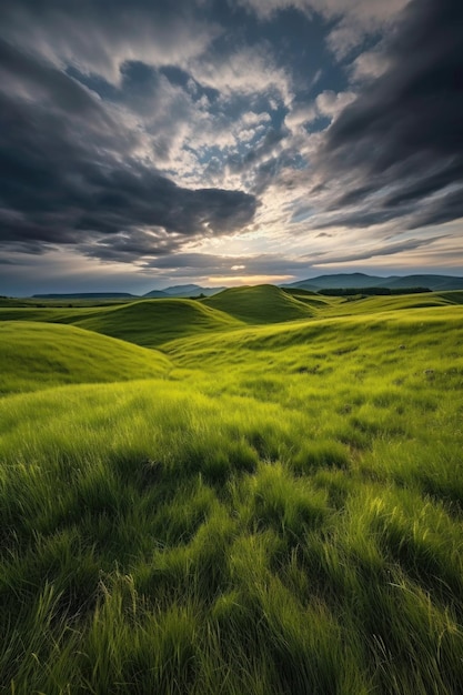 Rolling grass hills under a dramatic cloudy sky created with generative ai