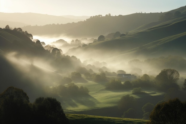 Rolling hills blanketed by a thick mist with the sun peeking through created with generative ai