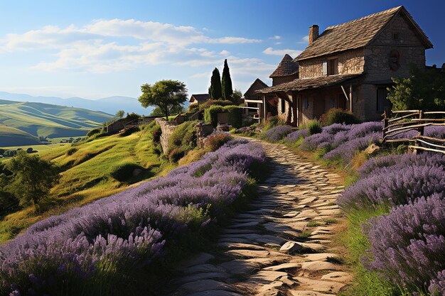 Foto rolling hills en lavender fields ontwerpen een vreedzame ai gegenereerd