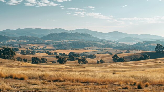 Photo rolling hills and mountains in the background alongside fields farmland and trees