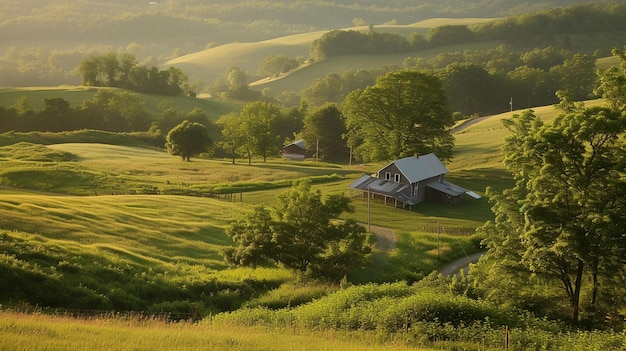 Rolling hills a rustic farmhouse and open fields showcase the timeless beauty AI Generative