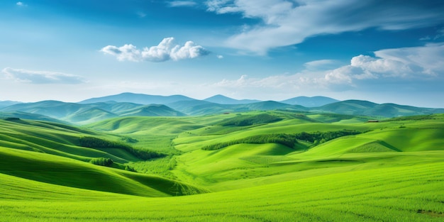 Photo rolling hills of tuscany a serene countryside landscape with vibrant green fields blossoming flowers and majestic mountains under a breathtaking sunset sky