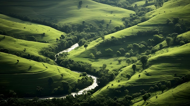 На холмах сложены пятнистые зеленые покрытия, подчеркиваемые извилистыми реками и изолированными деревьями.