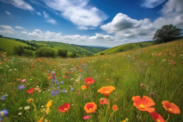 生成 AI で作成された、夏のピクニックに最適な野の花が咲き乱れる丘陵地帯