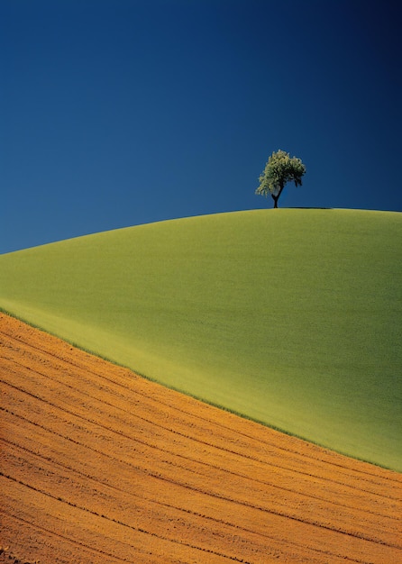 Rolling hills with single tree on top minimalist illustration