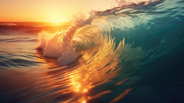 Rolling ocean waves from surfing point of view sunset background