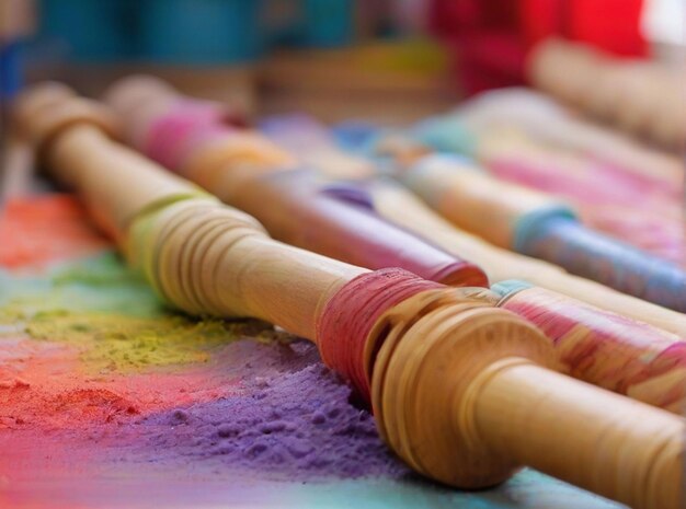 Photo rolling pin near blurs and heaps of different bright dry colors