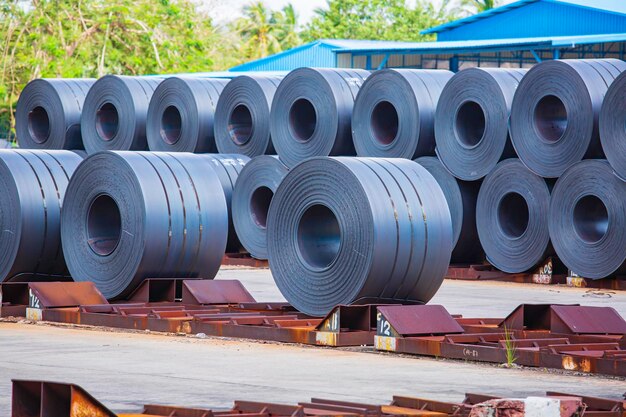 Rolls of carbon steel sheets outside the factory