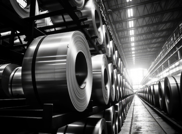 Rolls of galvanized steel sheet inside the factory or warehouse Created with Generative AI technolog